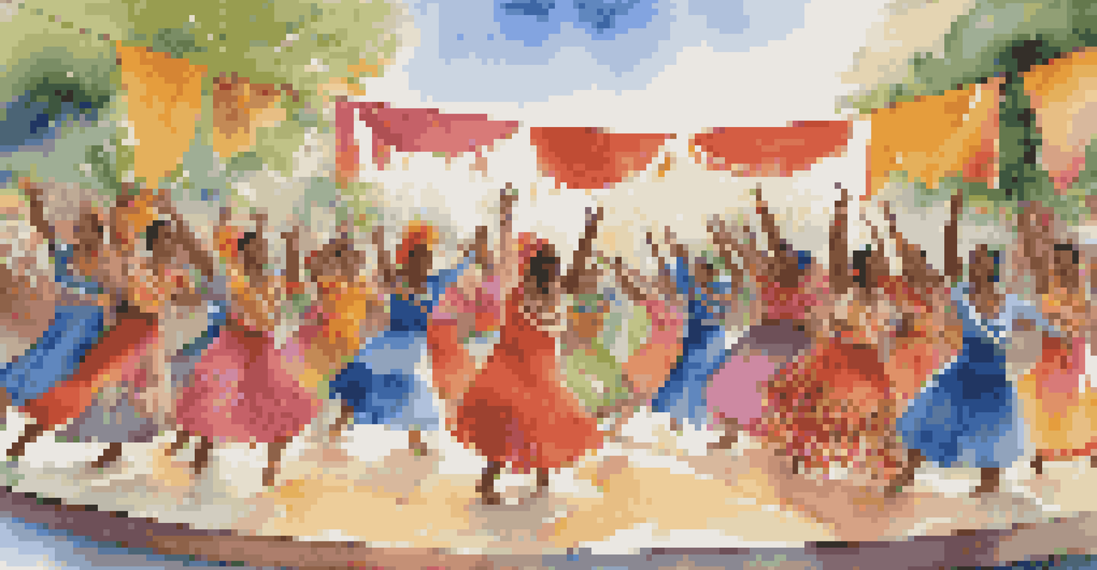 A diverse group of dancers performing on an outdoor stage, showcasing traditional attire and joyful movements, with a vibrant audience.