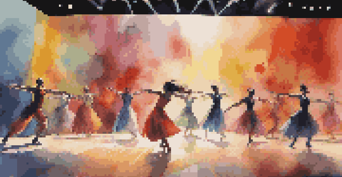 A lively dance performance in a modern theater with colorful costumes and dramatic lighting, capturing the attention of an engaged audience.