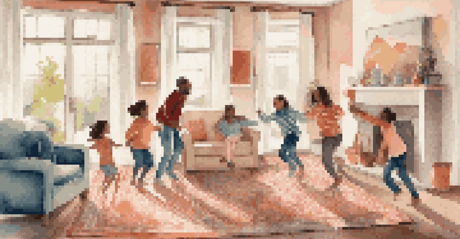 A family dancing together joyfully in a cozy living room, with bright sunlight and colorful decor enhancing the happy atmosphere.