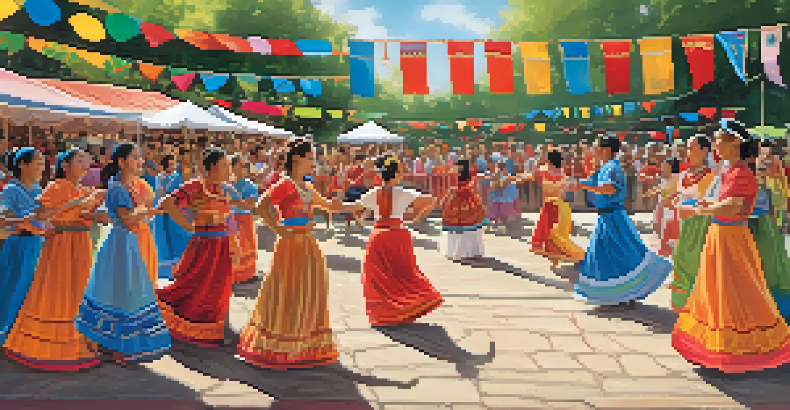 A vibrant outdoor community dance event showcasing diverse cultural dance styles with families and performers in traditional costumes.