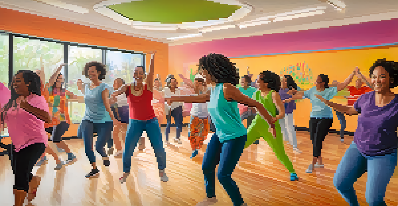 Participants in a dance therapy class joyfully dancing together, led by a smiling therapist, in a vibrant and colorful environment.