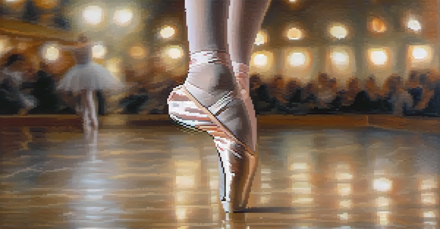 A close-up of a ballet dancer's feet in motion, showcasing elegance and grace on a softly lit stage.
