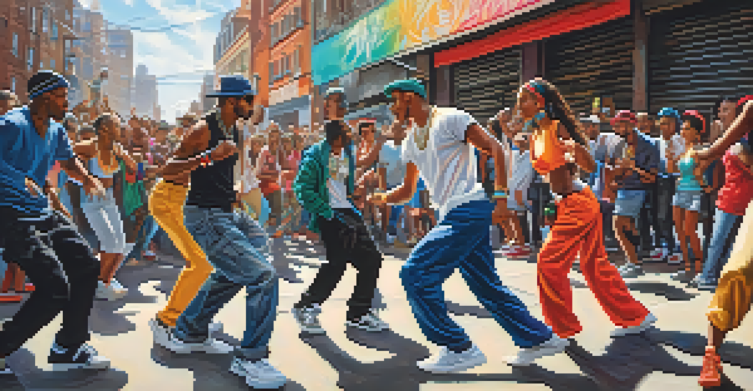 A group of dancers in urban attire performing a fusion of hip-hop and traditional dance on a bustling city street, with colorful graffiti in the background.