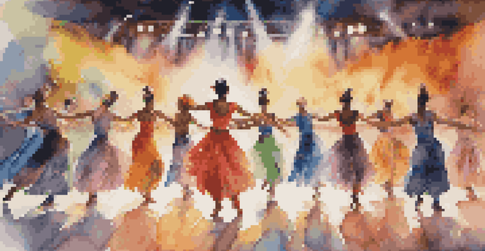 A lively dance performance featuring diverse dancers on stage, illuminated by colorful lights, showcasing a celebration of different gender identities.