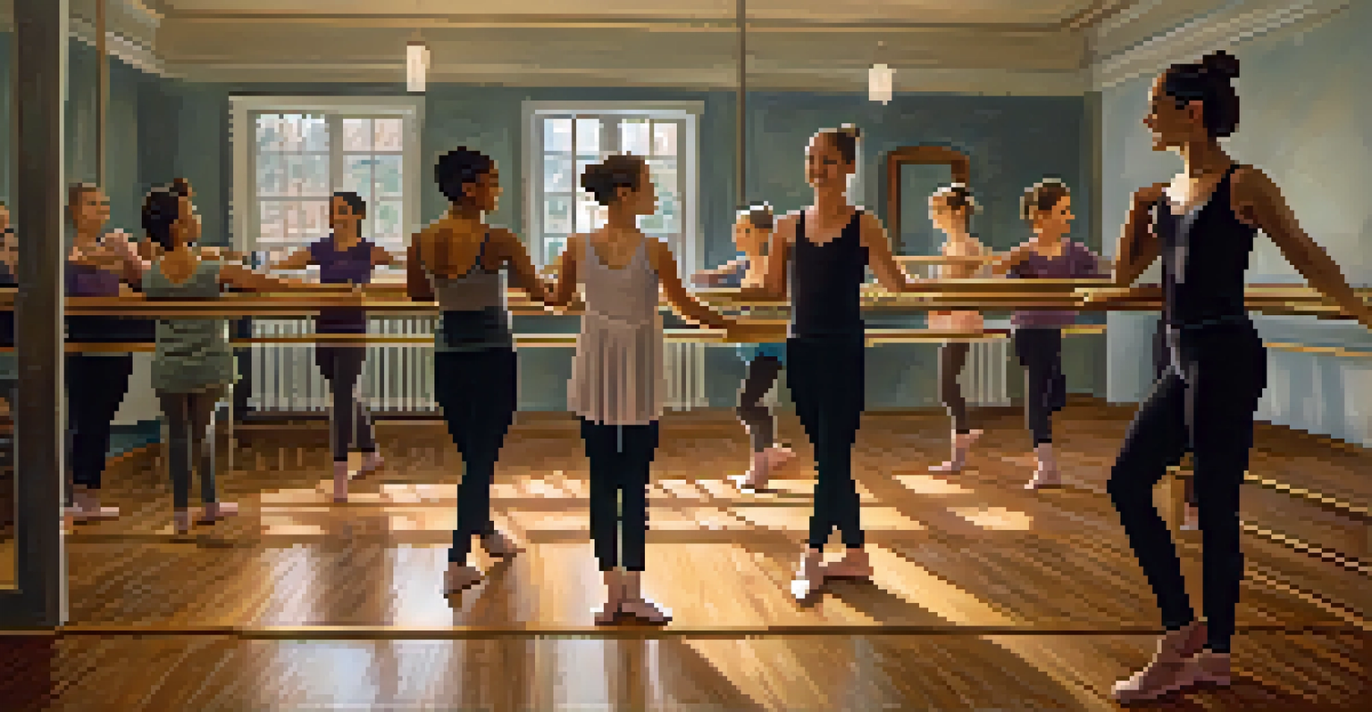 A dance instructor mentoring diverse students in a studio, demonstrating a ballet pose with mirrors and wooden floors in the background.