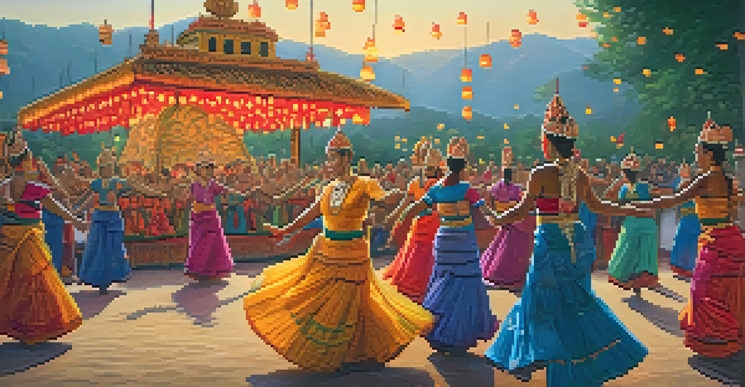 A traditional dance performance at a cultural festival with dancers in intricate costumes under vibrant lanterns.