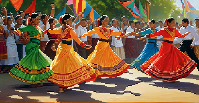 A diverse group of people in traditional attire performing a lively folk dance outdoors with colorful banners and greenery in the background.