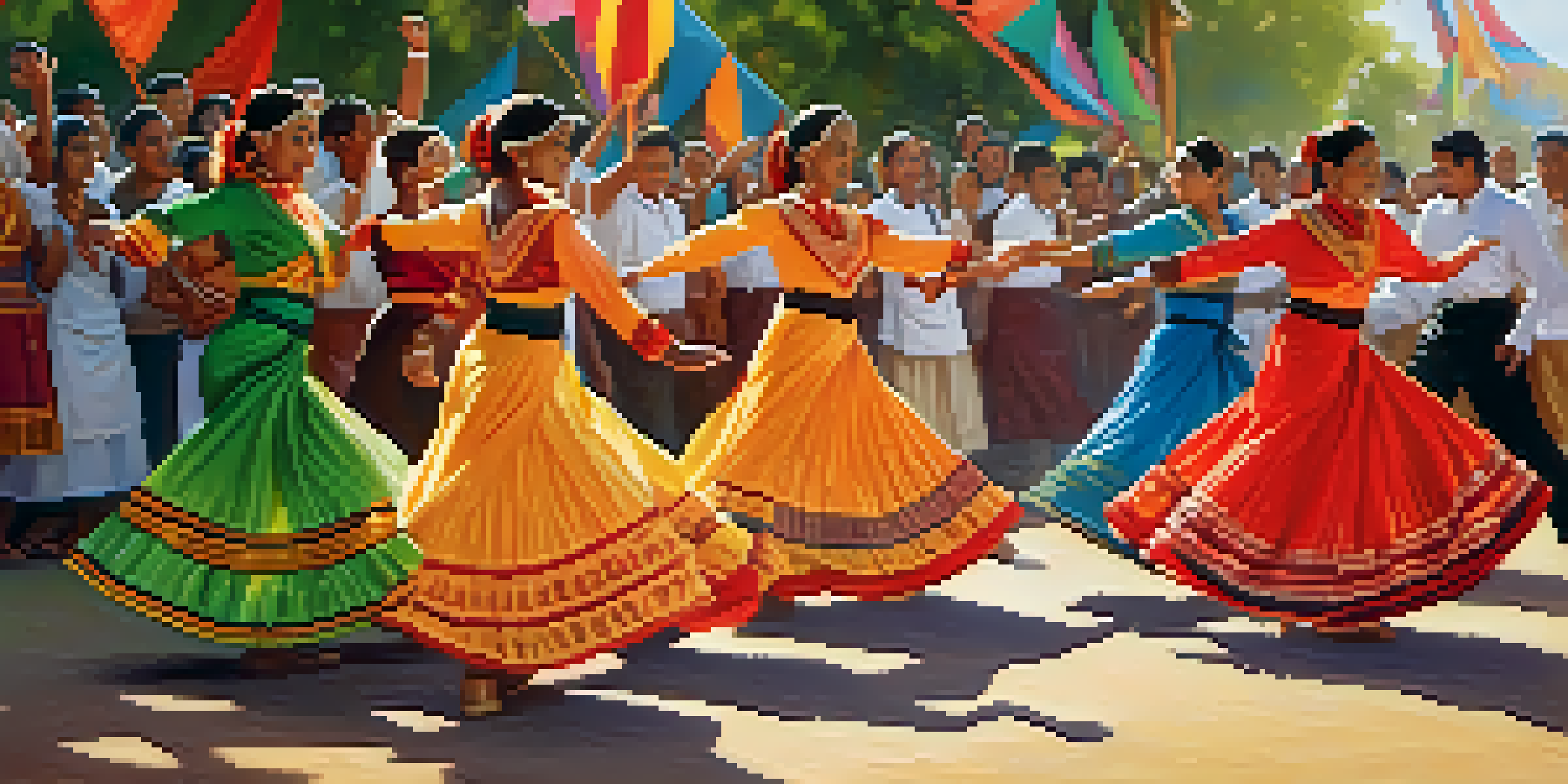 A diverse group of people in traditional attire performing a lively folk dance outdoors with colorful banners and greenery in the background.