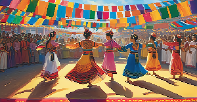 A lively cultural dance festival with dancers in traditional costumes on stage and an engaged audience, all under bright sunlight.