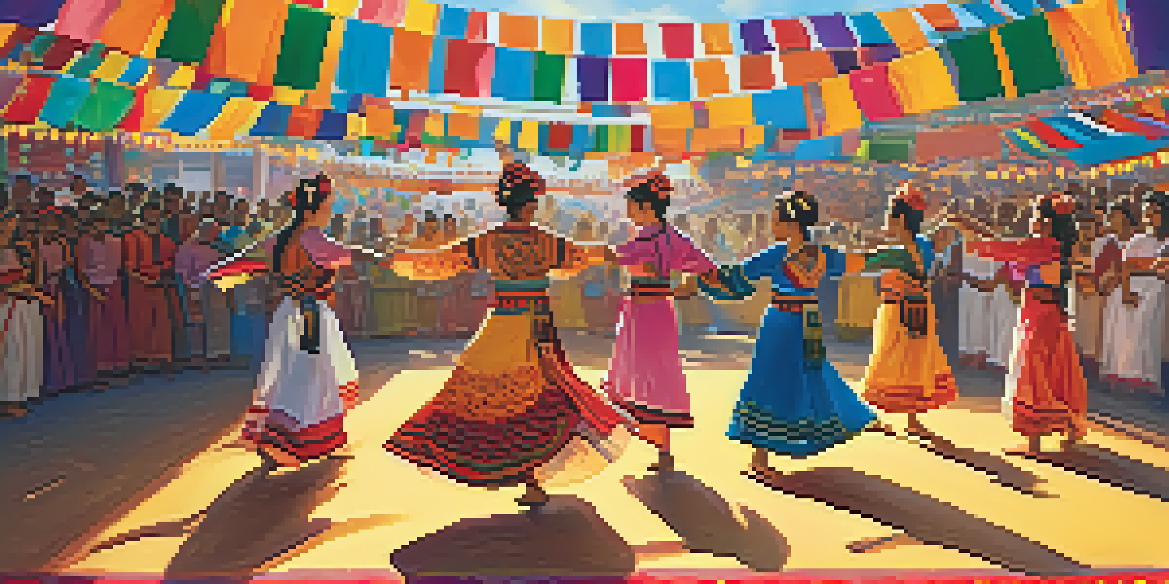 A lively cultural dance festival with dancers in traditional costumes on stage and an engaged audience, all under bright sunlight.