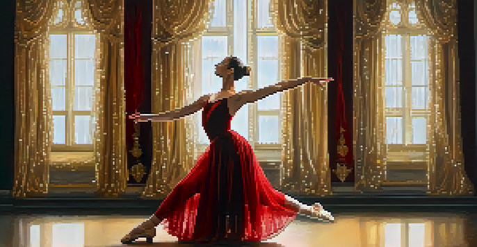 A ballet dancer in a sparkling costume gracefully pirouetting on a stage with a deep red curtain in the background.