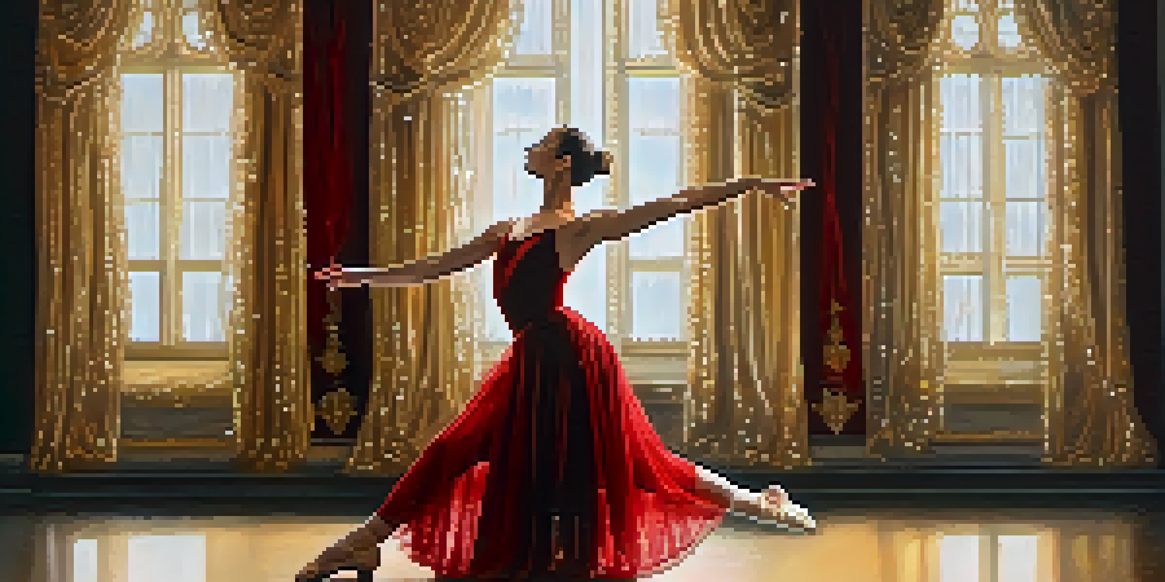 A ballet dancer in a sparkling costume gracefully pirouetting on a stage with a deep red curtain in the background.