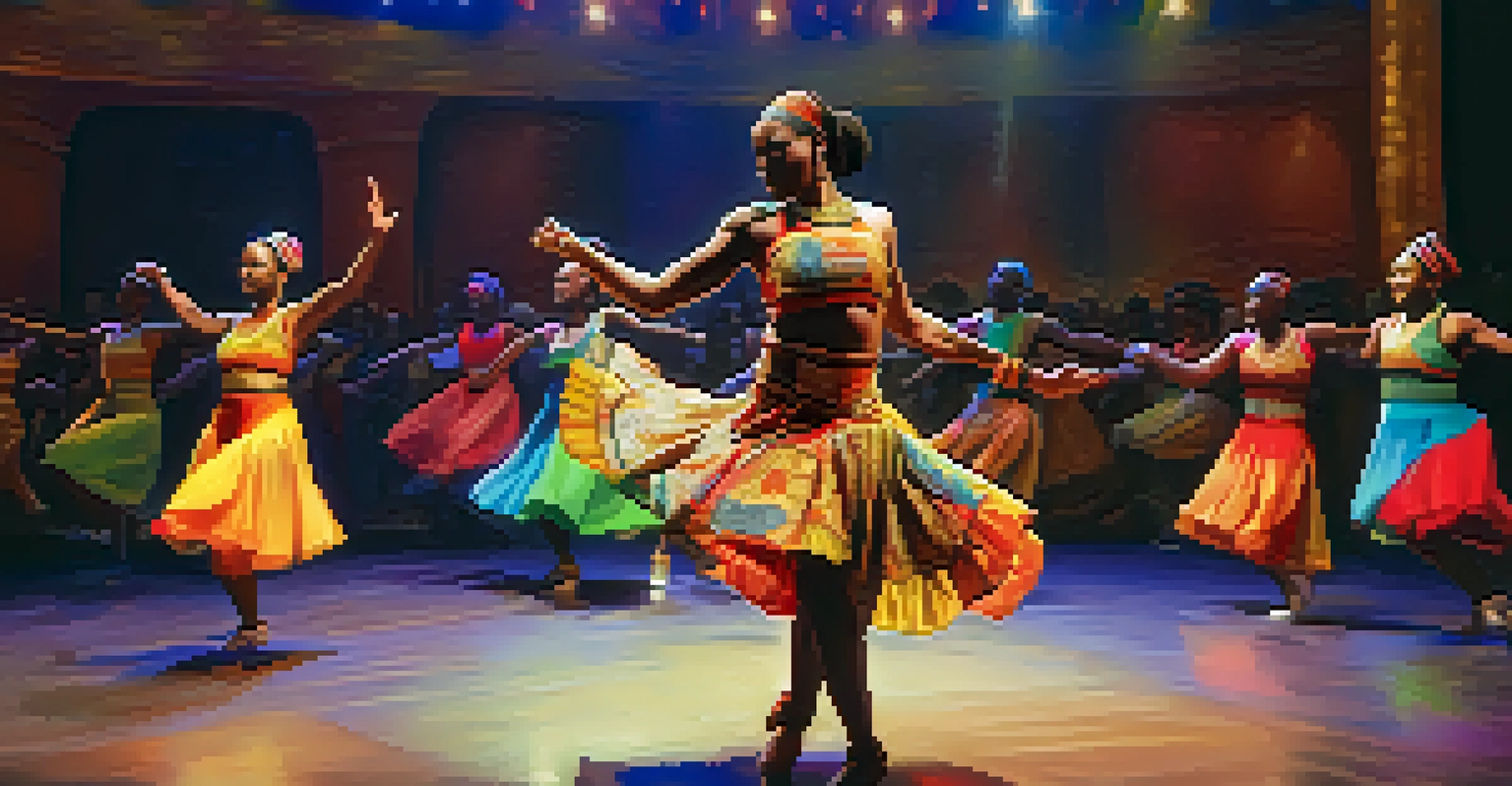 Dancers performing a fusion of traditional African and modern dance styles on stage with colorful lighting.