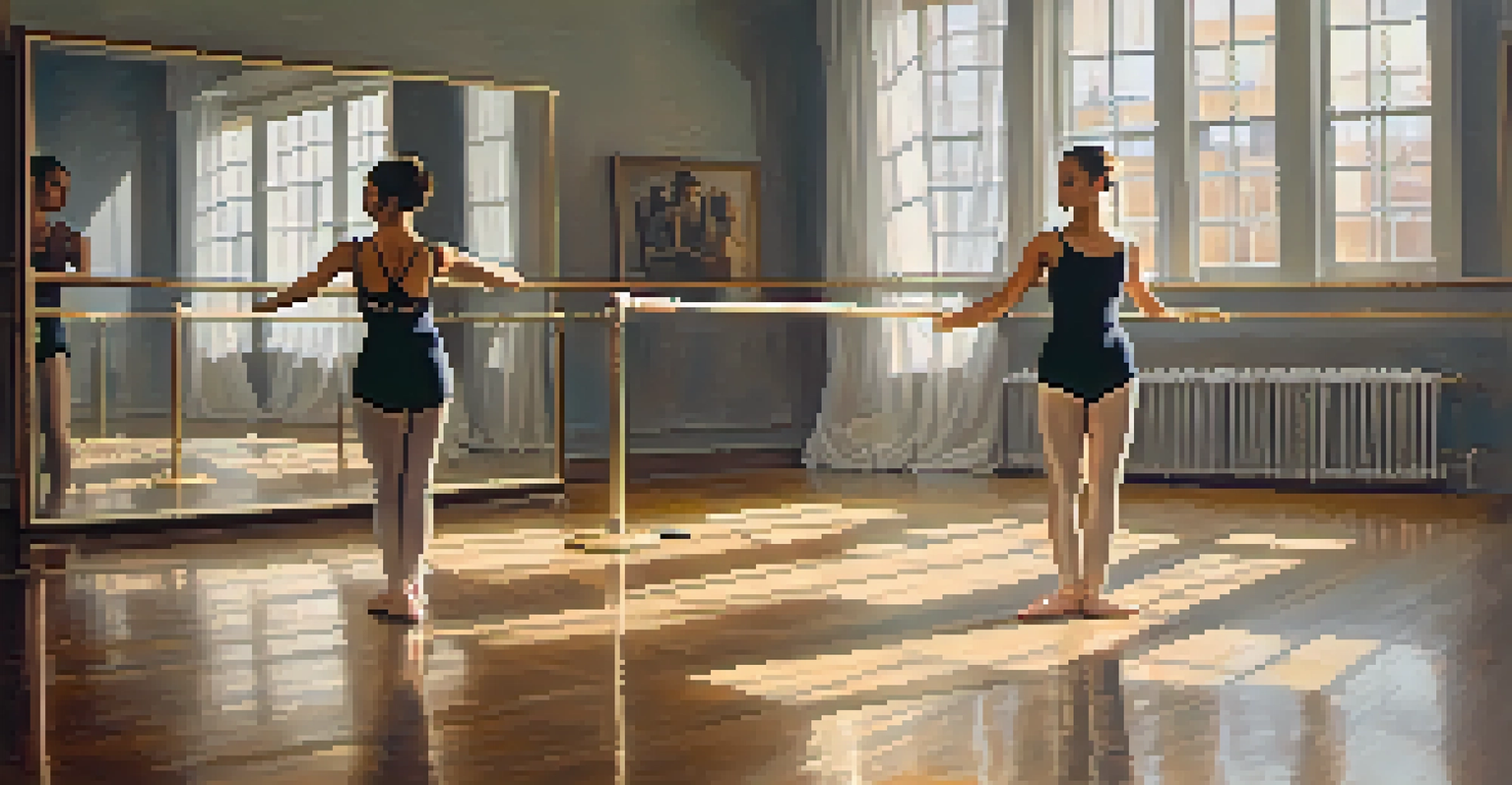 A dancer practicing in front of a mirror in a softly lit studio, displaying a focused expression as they rehearse their routine.