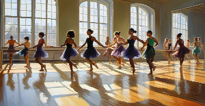 A lively dance rehearsal in a bright studio, featuring diverse dancers practicing together in dynamic poses with sunlight streaming in.