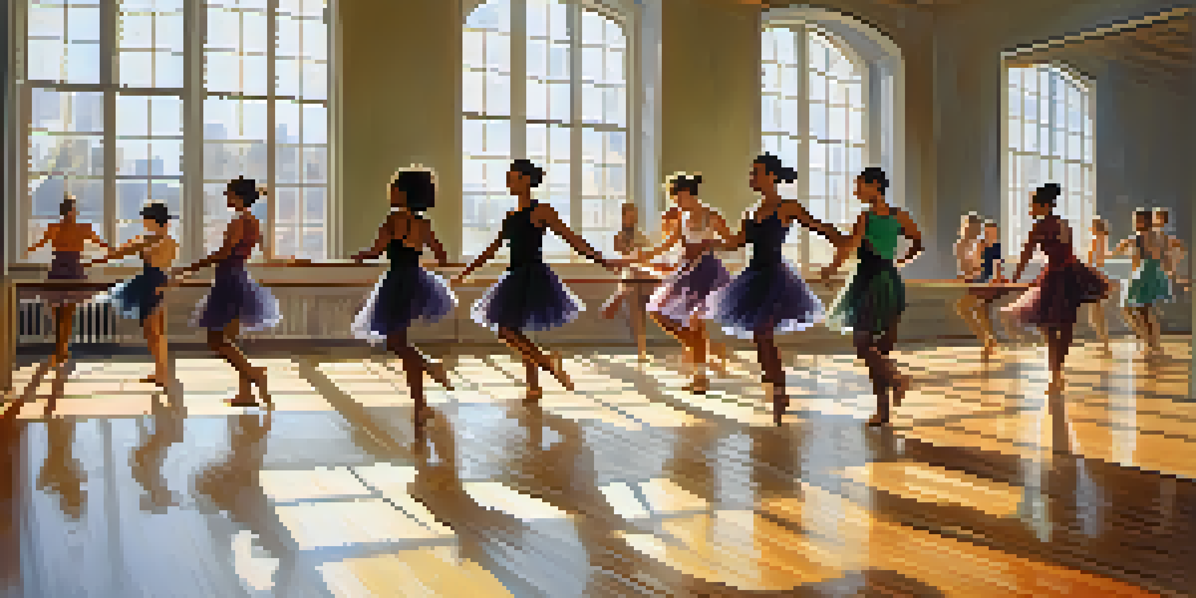 A lively dance rehearsal in a bright studio, featuring diverse dancers practicing together in dynamic poses with sunlight streaming in.