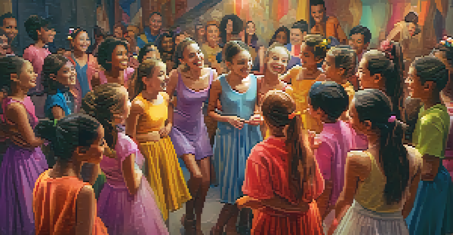 A diverse group of young dancers backstage, laughing and celebrating their performance together, showcasing friendship and teamwork.