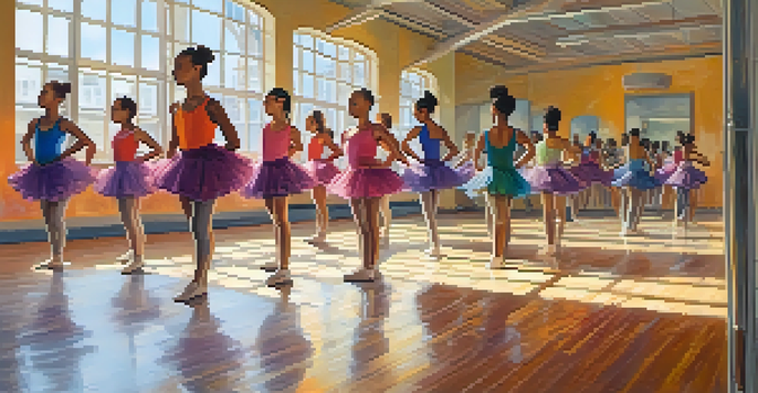 A lively dance class with young dancers of different backgrounds practicing together in a bright studio.