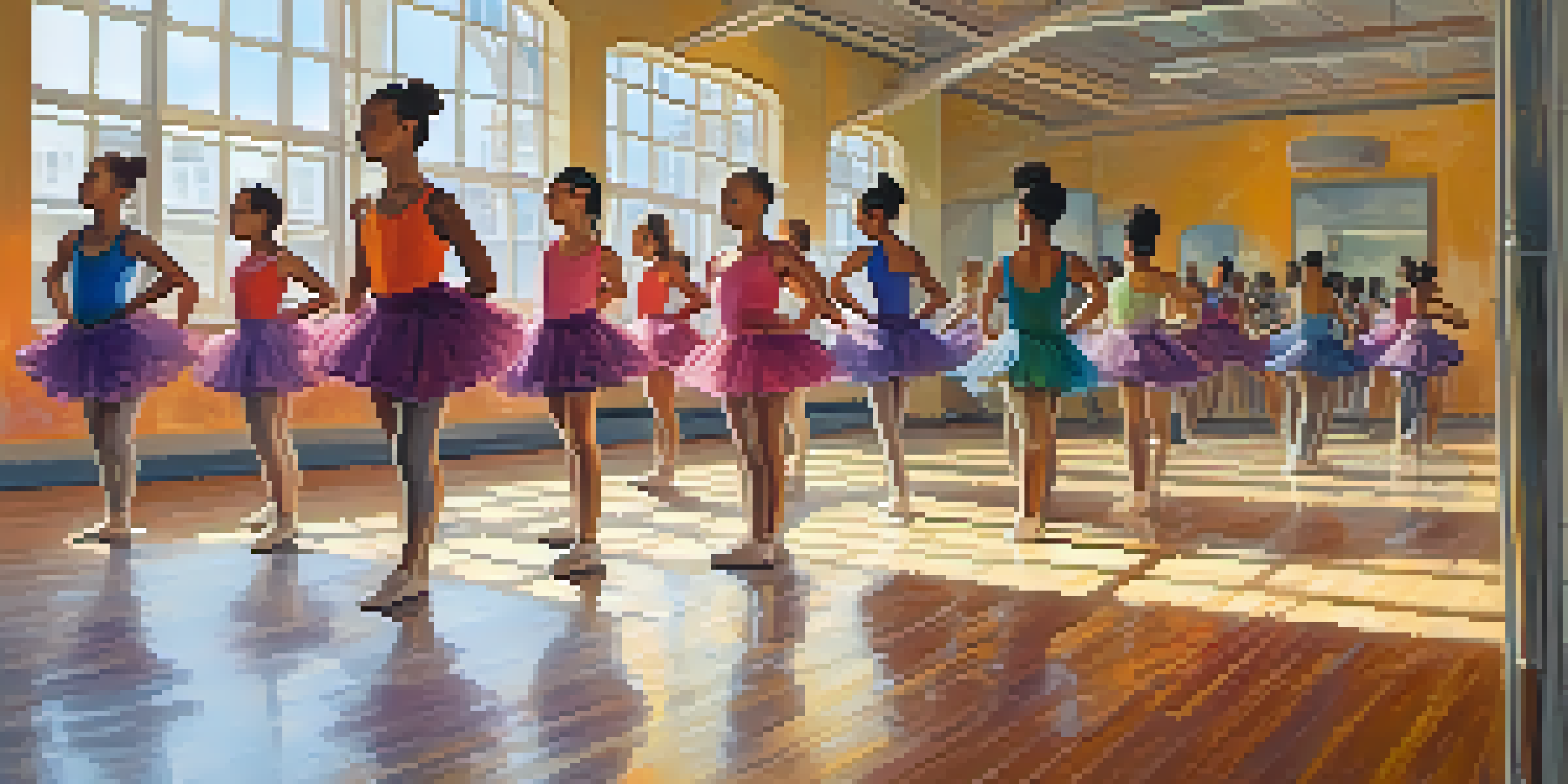 A lively dance class with young dancers of different backgrounds practicing together in a bright studio.