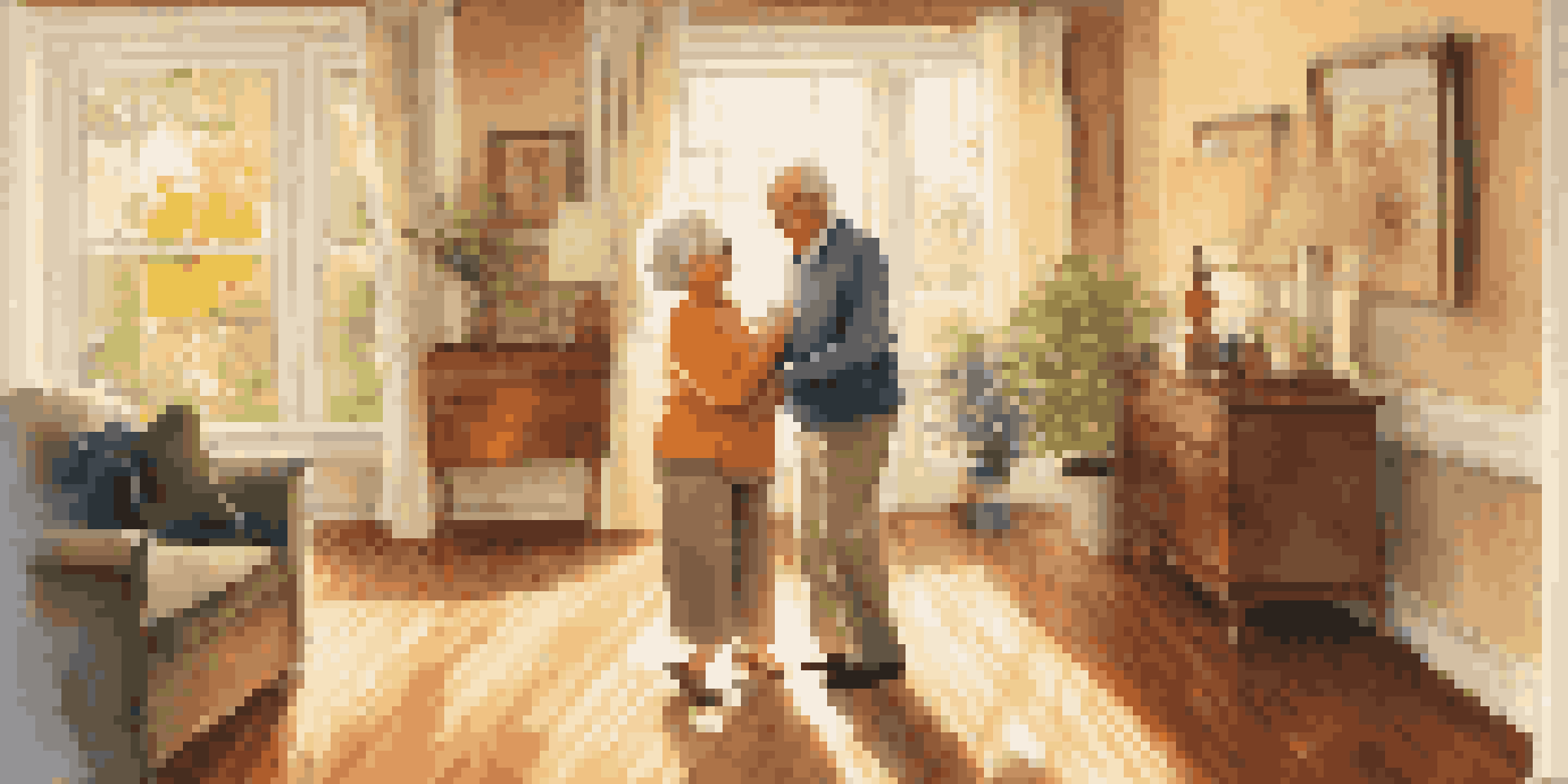 An elderly couple joyfully dancing in a bright living room filled with sunlight.