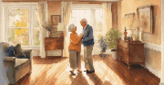An elderly couple joyfully dancing in a bright living room filled with sunlight.