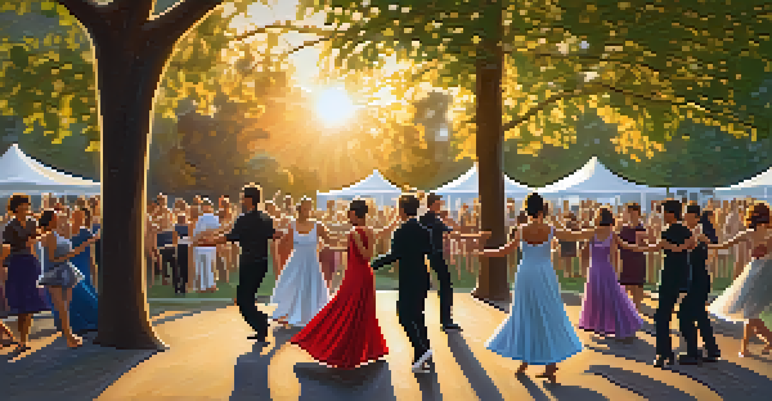 A couple dancing gracefully in a park during sunset, surrounded by trees and a small audience.