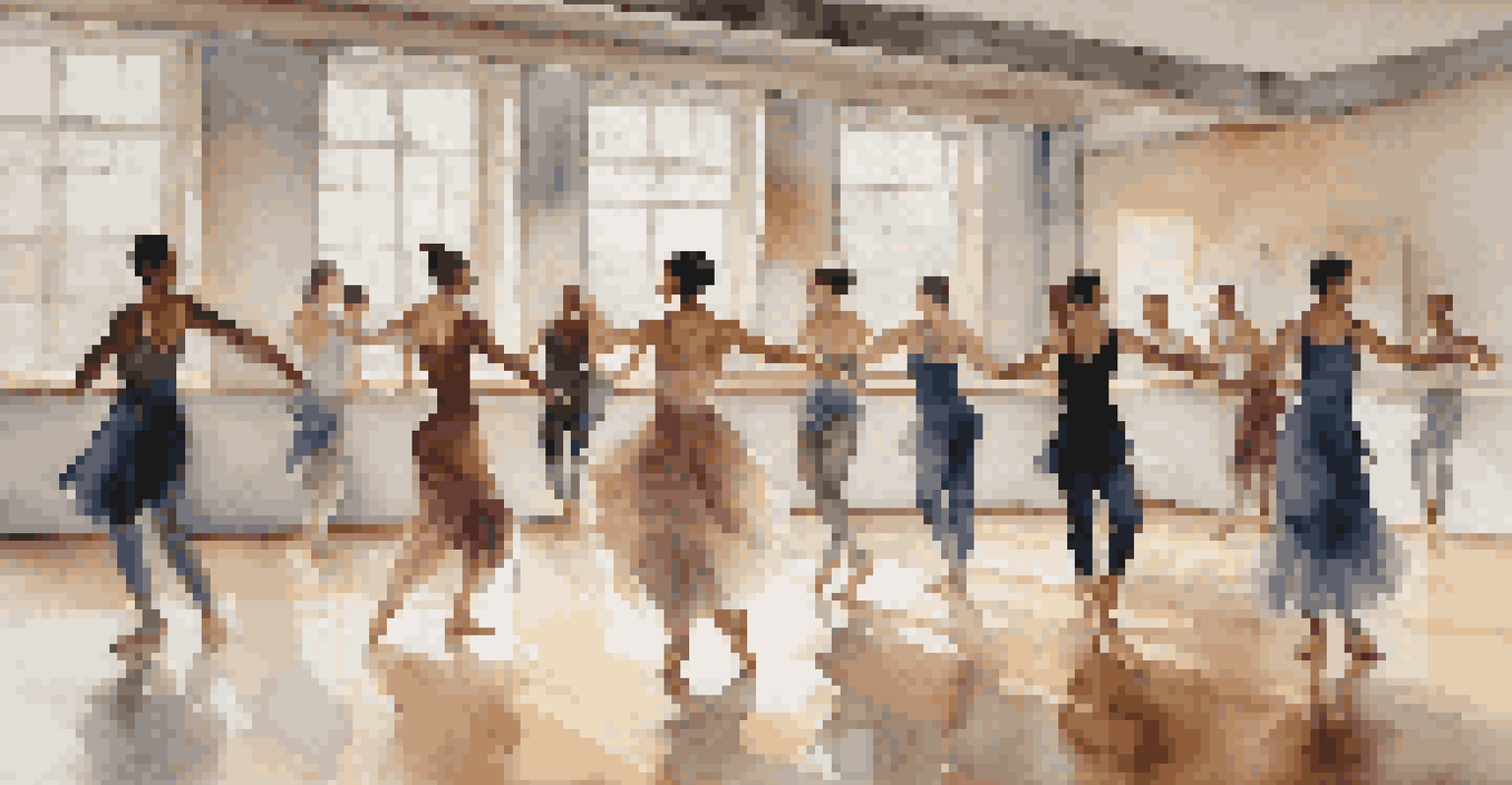 A diverse group of dancers in a bright studio, each performing movements inspired by dance notation symbols.