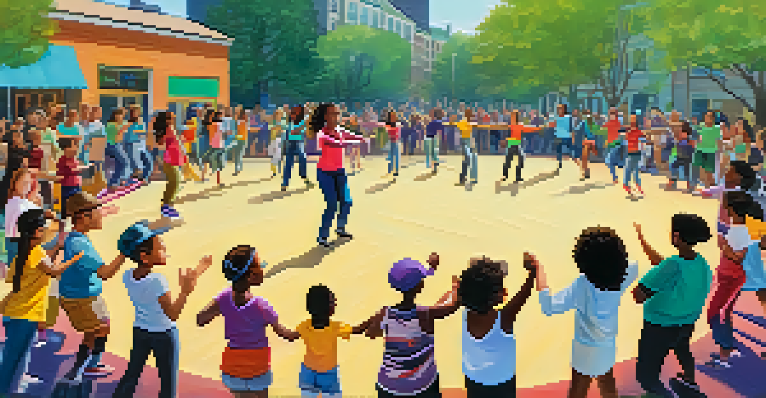 Participants of all ages joyfully dancing in a circle during a community workshop, with a sustainability banner in the background.