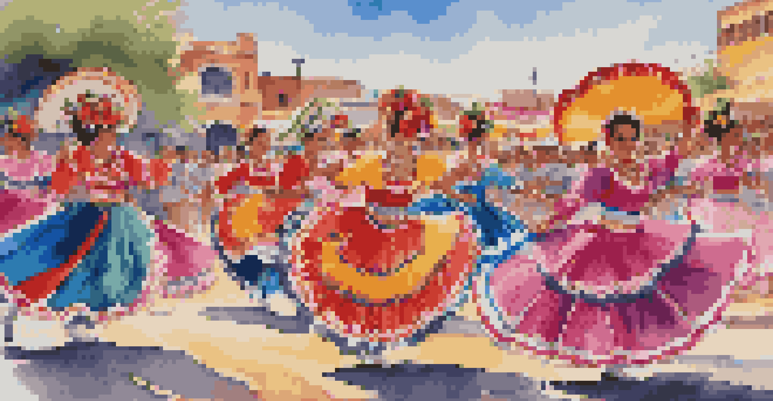 A group of dancers in colorful costumes performing Ballet Folklorico at an outdoor festival.