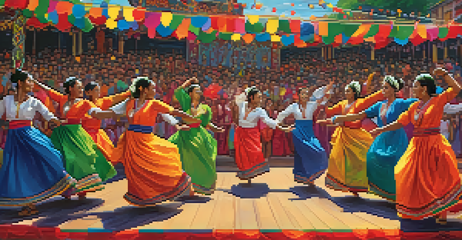 A dynamic cultural dance performance with dancers in traditional costumes performing on stage at a community festival, surrounded by a lively audience.