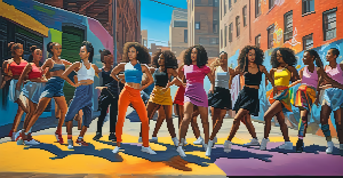 A diverse group of dancers performing a choreographed routine in front of colorful graffiti, illuminated by warm evening light.