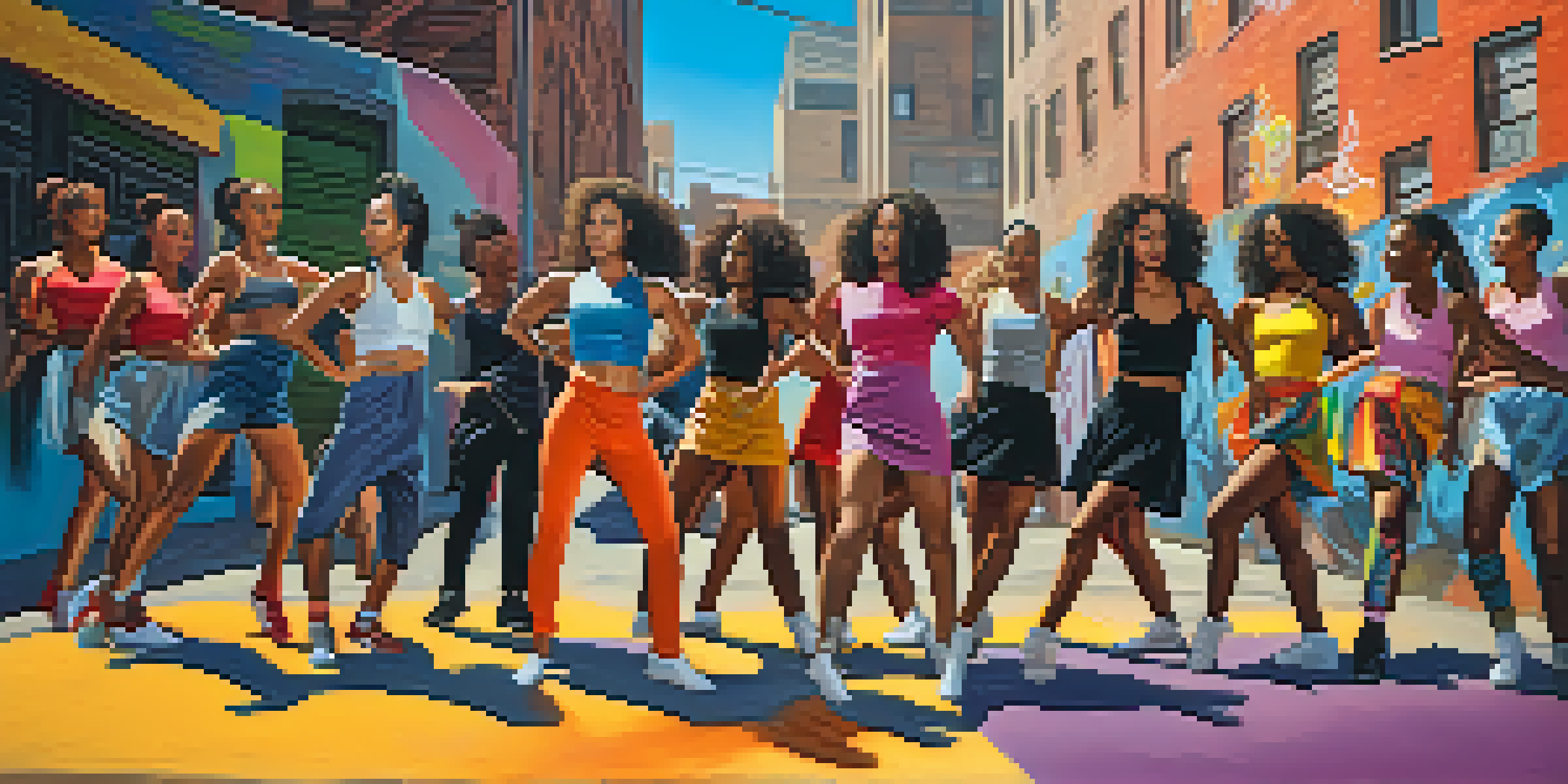 A diverse group of dancers performing a choreographed routine in front of colorful graffiti, illuminated by warm evening light.