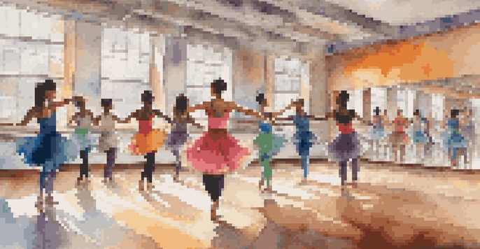 A lively dance studio where diverse dancers are practicing together in colorful attire, with mirrors reflecting their movements and bright natural light illuminating the space.