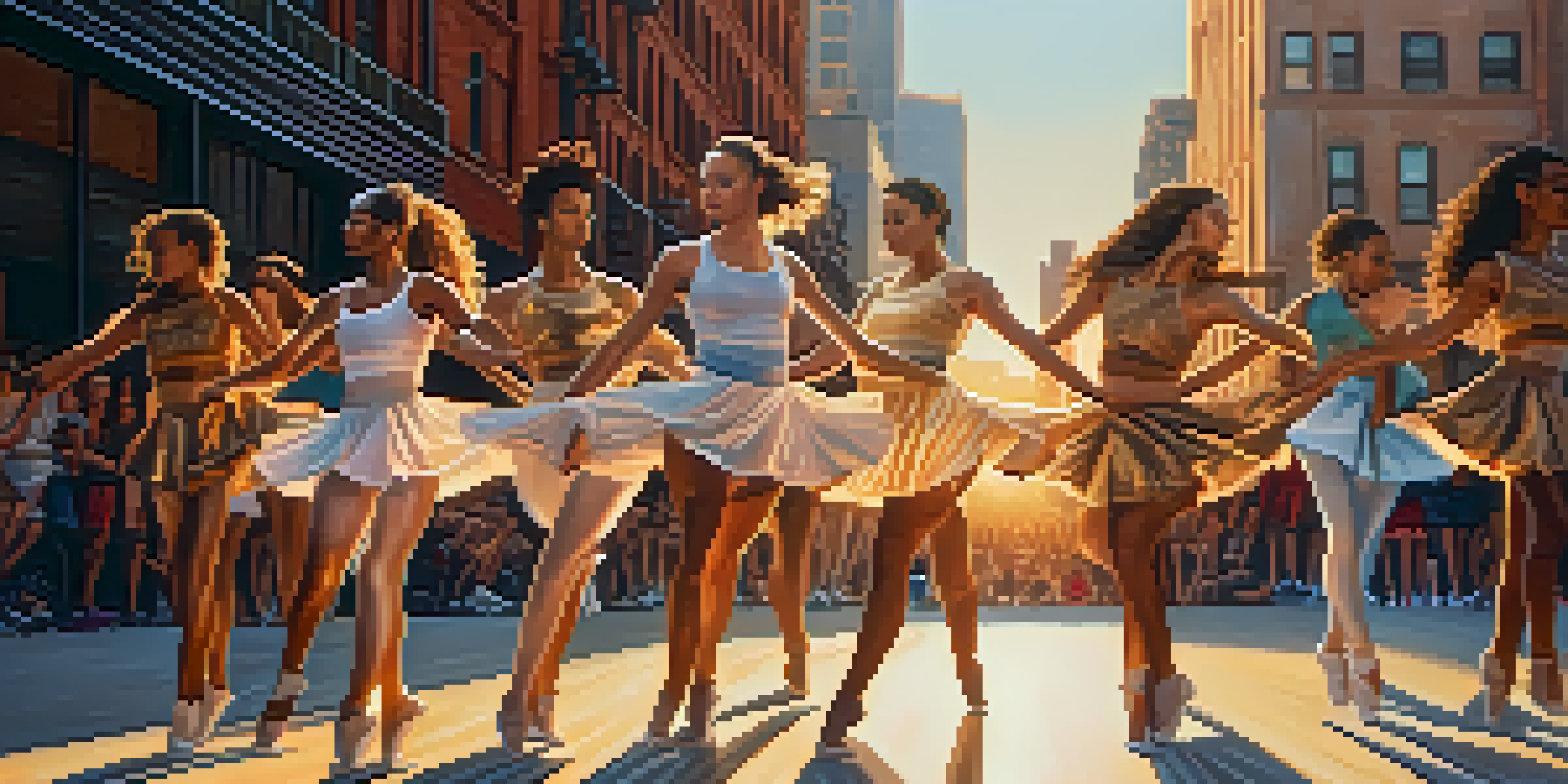A group of dancers in modern athleisure costumes performing in an urban setting during sunset, with warm lighting enhancing their movements and outfits.