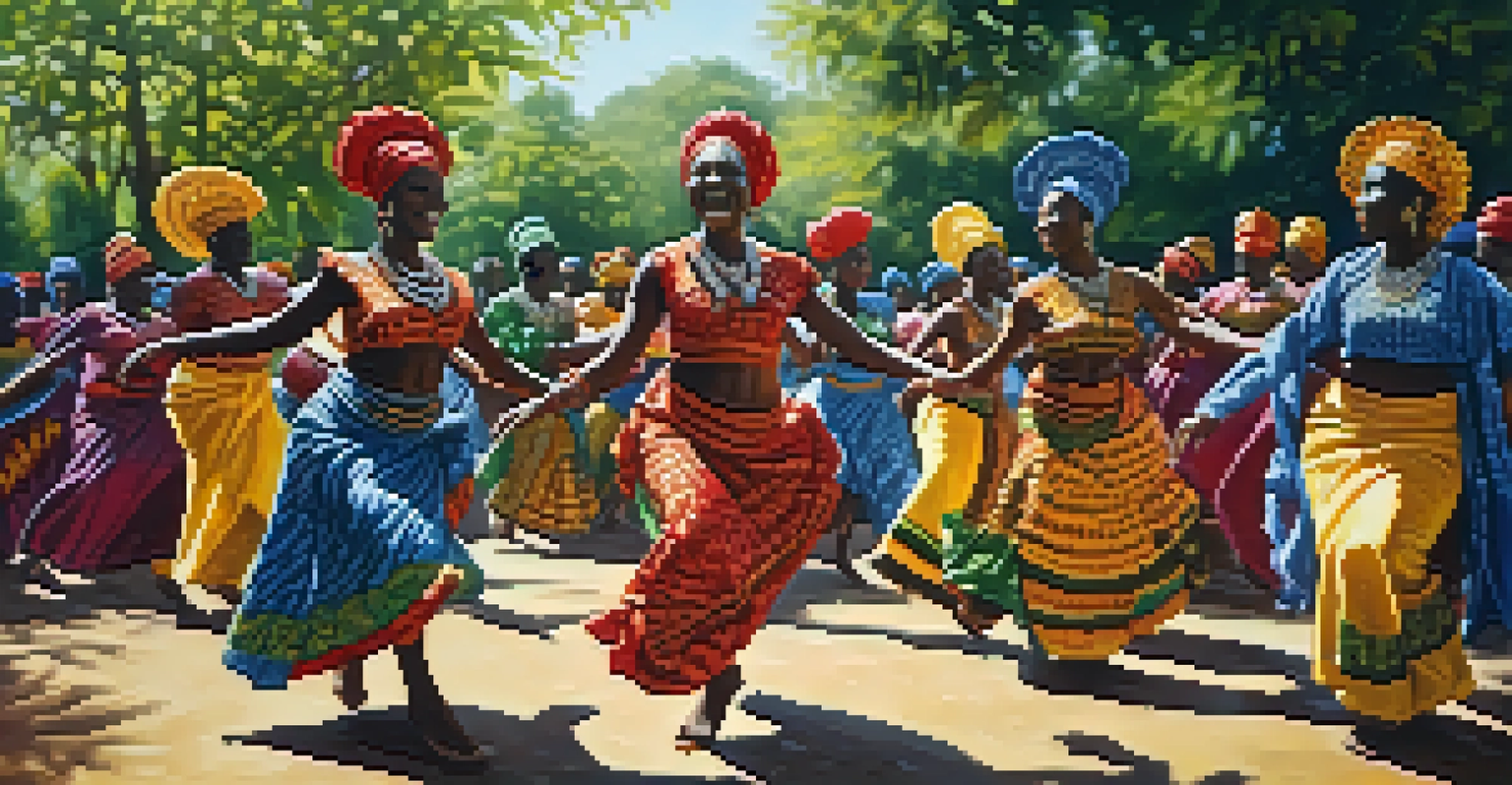 Dancers in vibrant traditional African costumes performing joyfully outdoors, surrounded by greenery and sunlight filtering through the leaves.