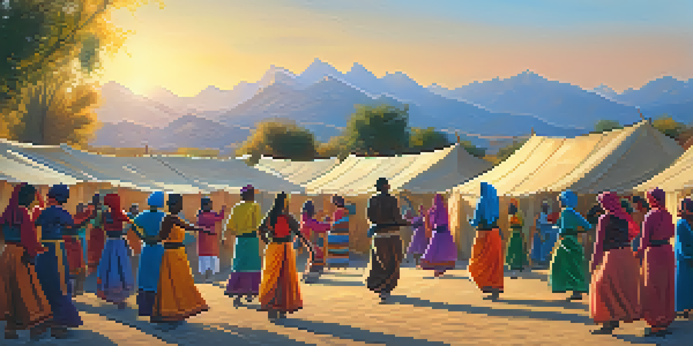 A group of diverse people dancing joyfully in a refugee camp, wearing colorful traditional attire against a sunset backdrop.
