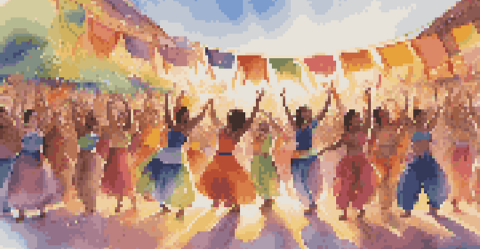 A lively outdoor dance festival with diverse dancers in colorful outfits and an enthusiastic audience, celebrating inclusivity under a warm sunset.