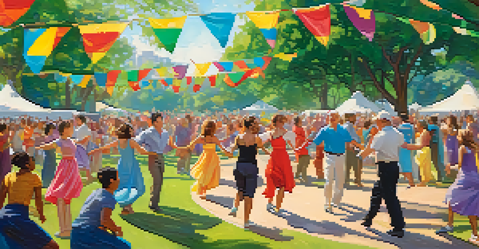 A lively outdoor dance festival in a park with diverse dancers and an audience enjoying the performance under a sunny sky.