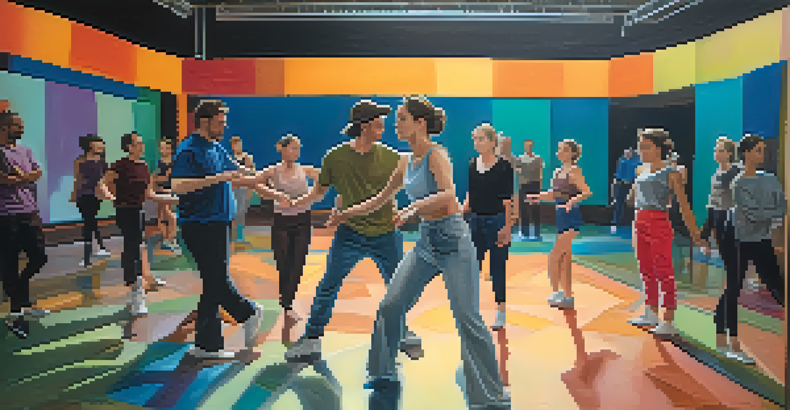 A choreographer instructing actors during a dance rehearsal on a colorful film set, highlighting energy and creativity.
