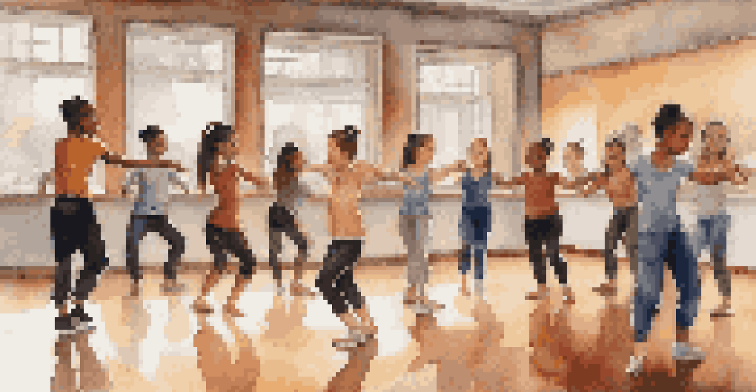 A street dance instructor demonstrating a move to young dancers in a cozy studio with mirrors and warm lighting.
