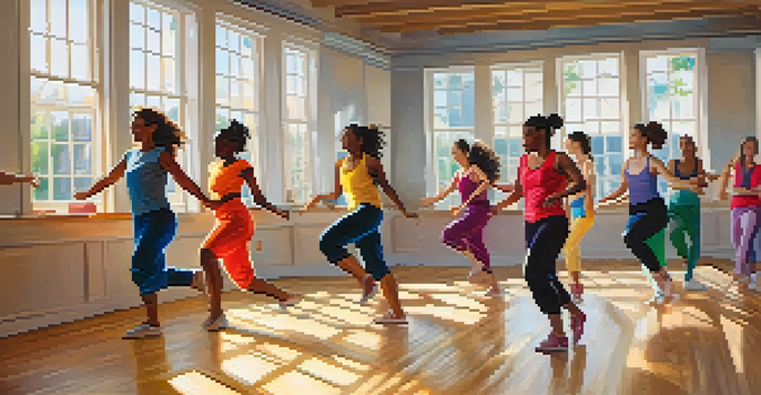 A diverse group of dancers in a bright studio, showcasing various cultural clothing and joyful movements, with sunlight streaming in through large windows.