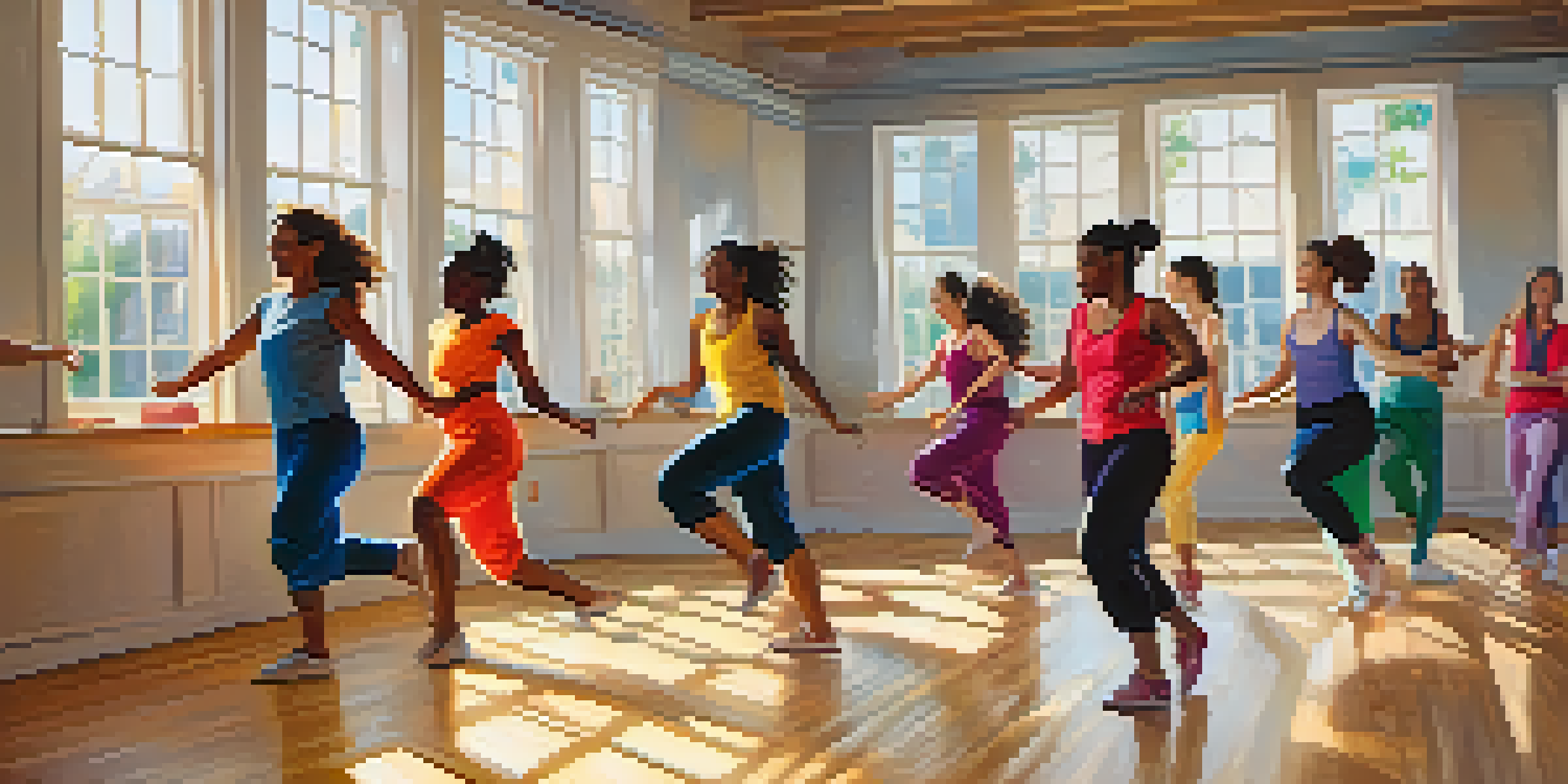 A diverse group of dancers in a bright studio, showcasing various cultural clothing and joyful movements, with sunlight streaming in through large windows.