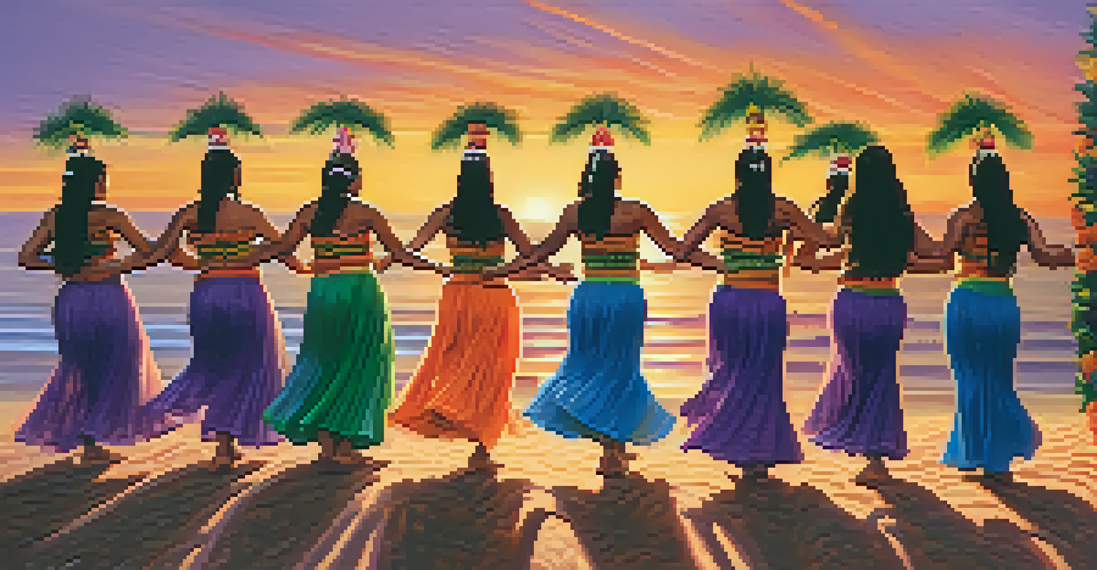 A group of hula dancers performing in unison during sunset, showcasing their traditional costumes and vibrant movements.