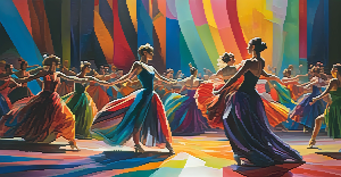 A vibrant theater performance with dancers in colorful costumes against an abstract backdrop, illuminated by soft stage lighting.