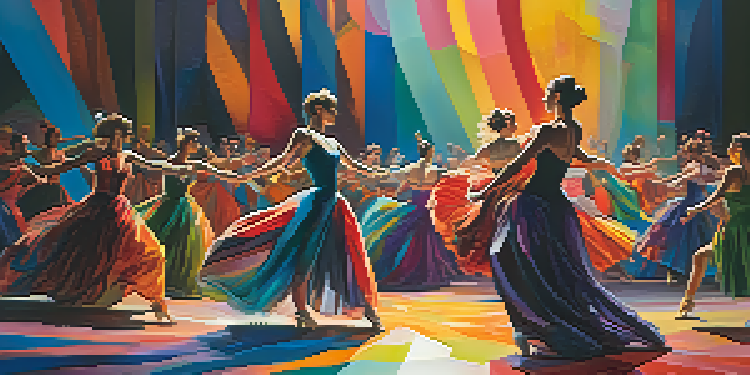 A vibrant theater performance with dancers in colorful costumes against an abstract backdrop, illuminated by soft stage lighting.