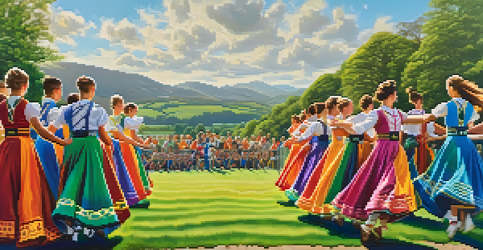 An outdoor Irish dance performance with dancers in colorful costumes against a backdrop of green hills and a festive crowd.