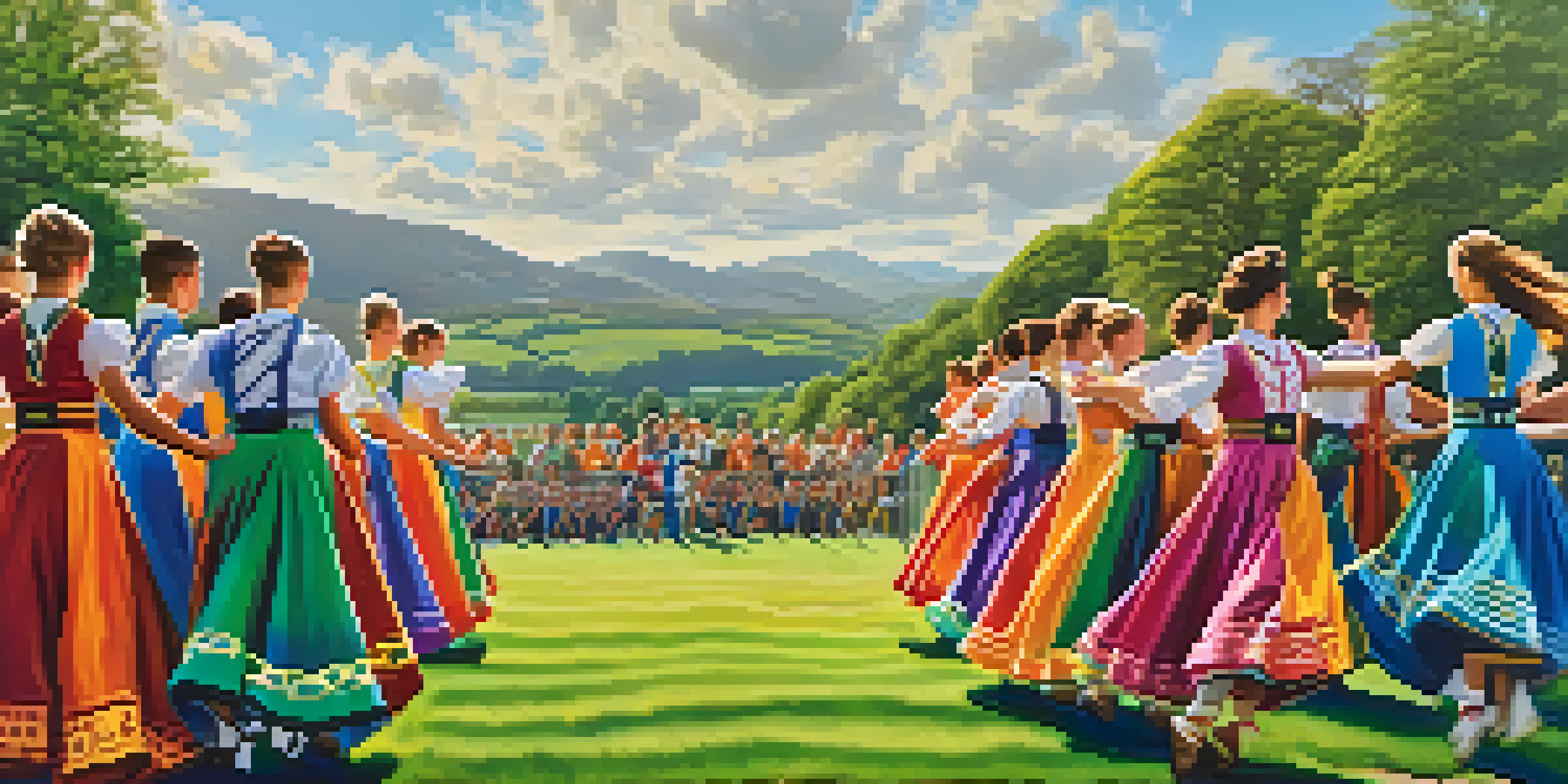 An outdoor Irish dance performance with dancers in colorful costumes against a backdrop of green hills and a festive crowd.