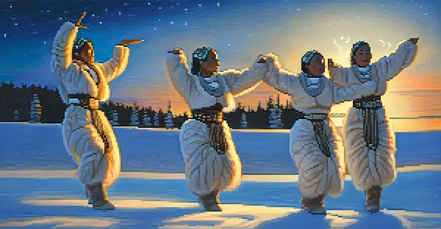Inuit dancers in traditional costumes performing a healing dance under a starry sky, illuminated by a glowing bonfire.