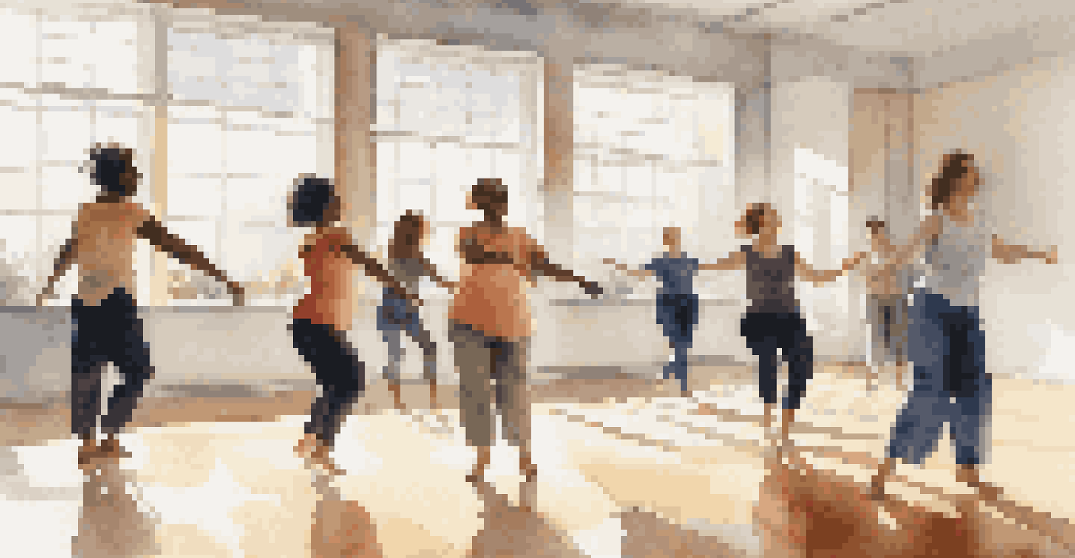 A diverse group of people engaging in dance therapy in a bright studio with natural light.
