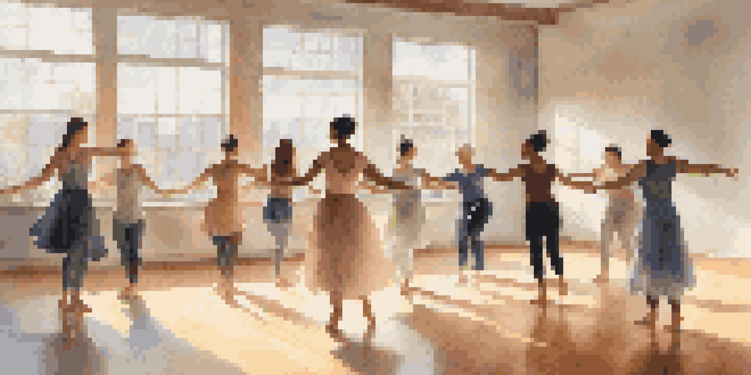 A bright dance therapy session with diverse participants dancing in a sunlit studio filled with windows.